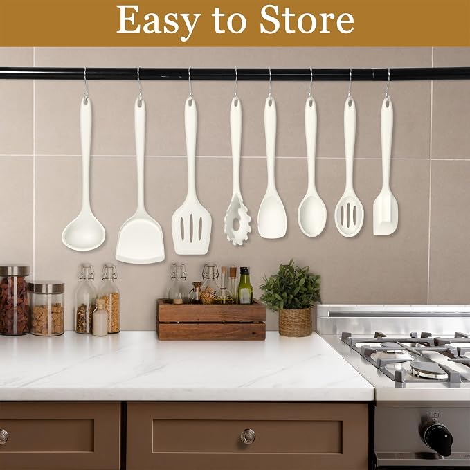 LIANYU 8Pcs Kitchen Cooking Utensils Set, Nonstick Silicone Utensil Sets | Heat Resistant Kitchen Gadgets Essentials for Nonstick Cookware, with Spatula, Spoon, Tuner, Ladle, Dishwasher Safe, White