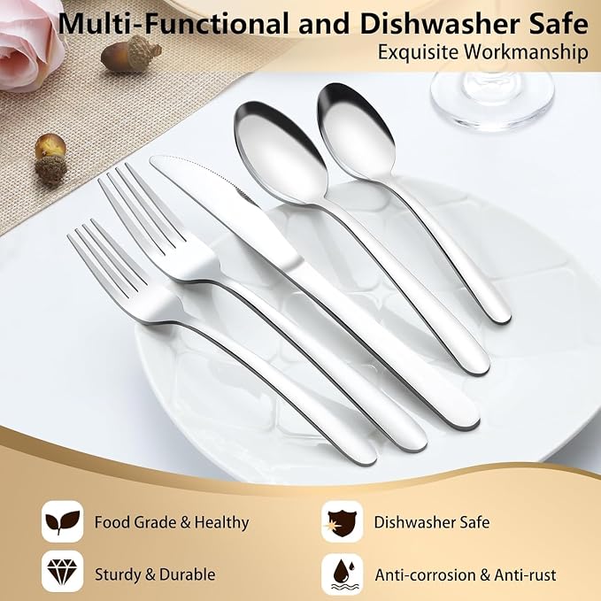 Pleafind 60-Piece Silverware Set Service for 12 - Stainless Steel Flatware Set with Forks, Spoons & Table Knives, Mirror Polished Cutlery Utensil Sets for Home and Restaurant, Dishwasher Safe