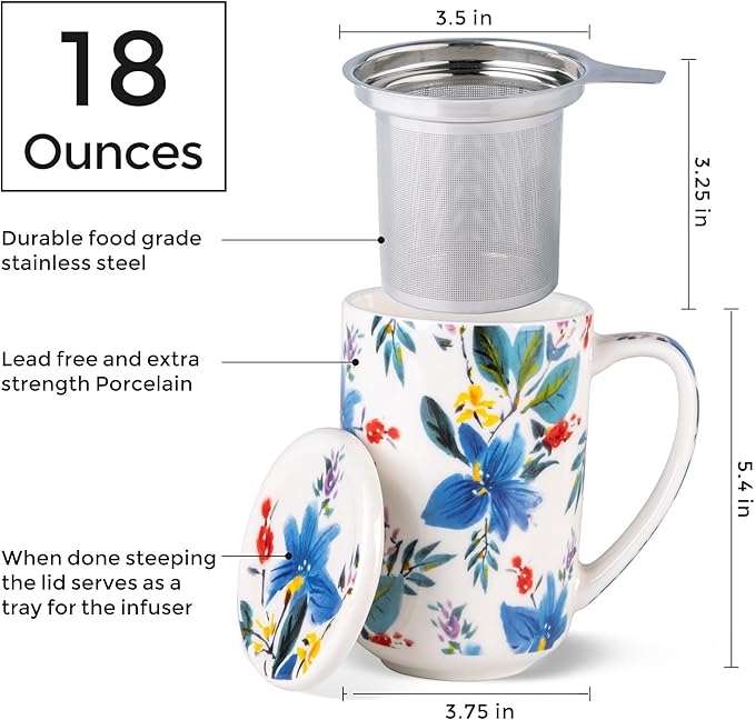 AmorArc Tea Cup With Infuser and Lid, 18oz Loose Leaf Tea Mug With Steeper | Porcelain Tea Mug With Infuser and Lid, Large Strainer Tea Cup with Lid for Tea, Coffee Mug for House-warming Birthday Gift