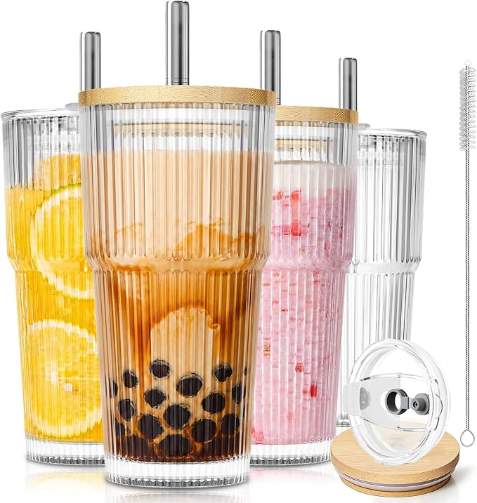 KEMORELA 20oz Ribbed Glass Tumblers with Bamboo Lids & Straws, Boba Cups | Stainless steel straws, bamboo & leak-proof dual lids. 13mm wide straw. Vintage. For boba, iced coffee, smoothies & travel.