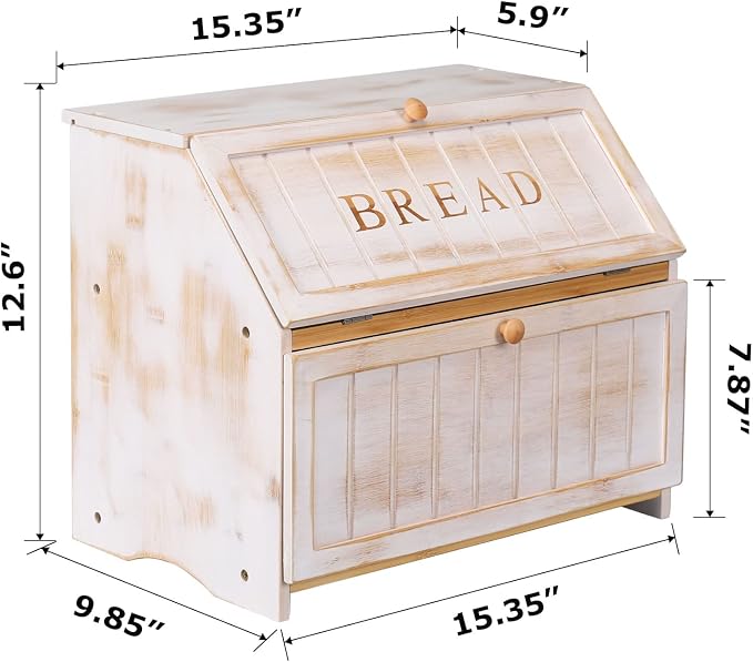 HOMEKOKO Vintage Double Layer Farmhouse Bread Box for Kitchen Counter,White | Keeps Bread Fresh 3-4 Days, 2-Tier Capacity Fits 2+ Loaves,Suitable For Farmhouse/Rustic Kitchens Use, Retro Design