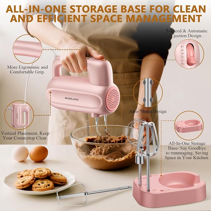 BAIGELONG Hand Electric Mixer, 5-Speed KitchenMixer with 5 * 304 Stainless Steel Attachments + Storage Base, Food Handheld Mixer for Baking, Whipping Cream, Cake Mixing, Pink