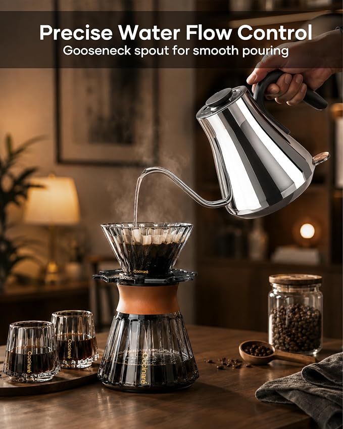 Cocinare Gooseneck Electric Kettle 0.8L, Fast Boil Pour Over Coffee, Tea | 1440W Fast Boil, 304 Stainless Steel Interior, Gooseneck Precision Spout, Auto Shut-Off & Boil-Dry Protection, Moholy Silver