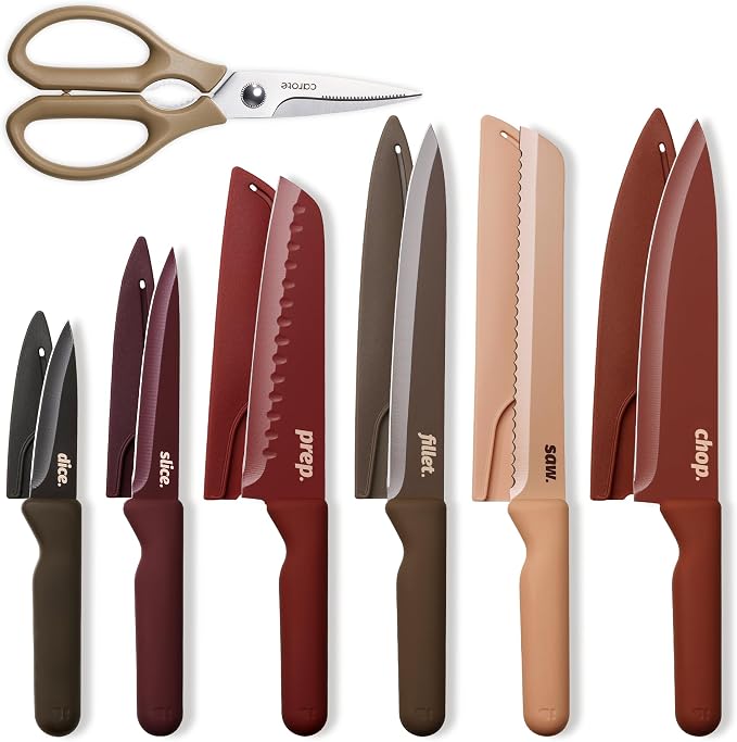 CAROTE Kitchen Knife Set, 6 Floral Knives with 6 Blade Guards, 12-Piece | Stainless Steel Blades, Ceramic Nonstick Coating, Long-Lasting Sharpness, Rust-Resistant, Non-Slip, Dishwasher Safe