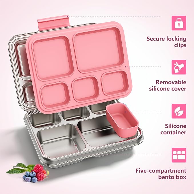 Pawtong Stainless Steel Lunch Box, 5-Compartment Bento Lunch Box for Kids & Adults,Metal Lunch Box with Removable Silicone Container, Lunch Box Containers for School,Office(Pink)