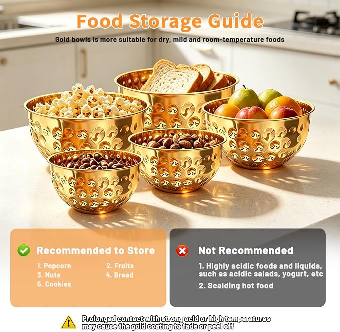 5-Piece Gold Stainless Steel Mixing Bowls Set | 4.9/4.2/3.2/2.1/1.6QT, Hammered Design, Food-grade, for Kitchen Meal Prep, Baking, Movie Night, Party and Home Decor