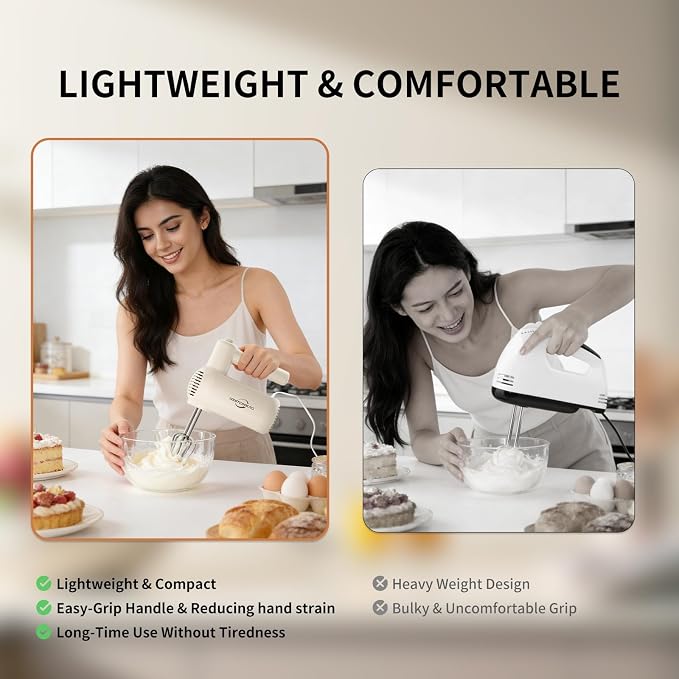 Hand Mixer Electric 5-Speed Upgraded Motor Turbo White | Electric Handheld Hand Mixer with Stainless Steel Beaters&Dough Hooks,Turbo Ultra Power Plus Eject Button for Cakes and Eggs