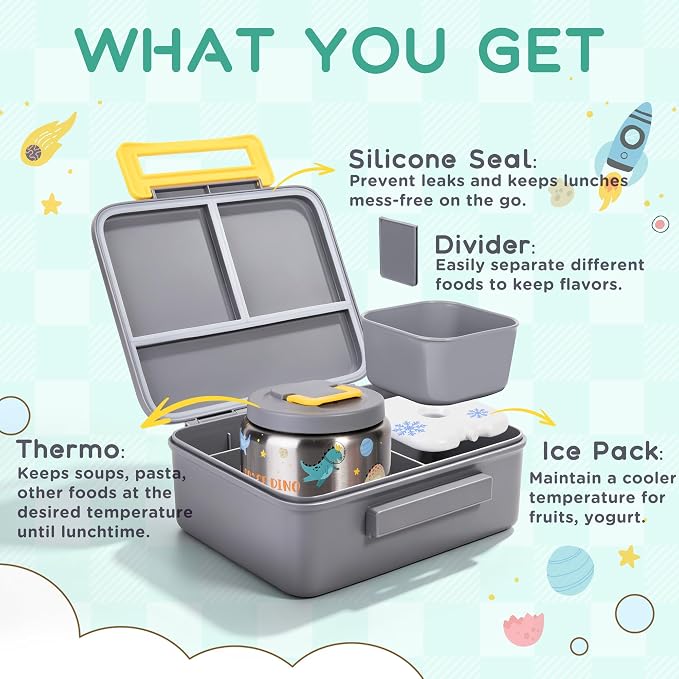 Kids Bento Lunch Box with 8oz Thermo, Ice Pack & Dividers for School | Food Container 5 Compartments,Insulated Food Jar,Keep Warm&Cold,Removable Dividers,Leak-Resistant,BPA-Free,Easy to Clean