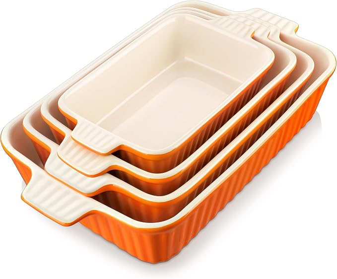 MALACASA Casserole Dishes for Oven, Ceramic Baking Dishes Set of 4,Orange | Rectangular Lasagna Pans Bakeware for Roasting Vegetable, Gratins, Gift Set, Oven Dishwasher Safe (9.4/11.1/12.2/14.7")