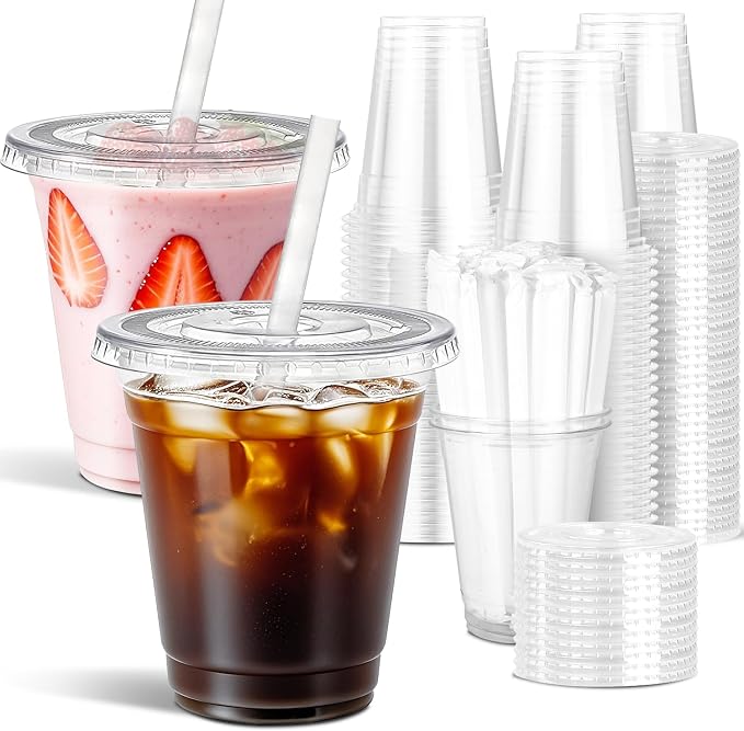Ginkgo 100 Pack 12 oz Plastic Iced Coffee Cups with Lids and Straws | Disposable Clear To Go Cups for Milkshakes and Cold Beverages, Coffee Bar Essentials for Home and Shops