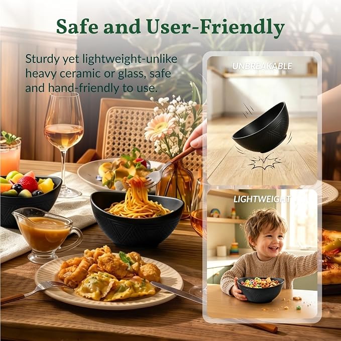 Wheat Straw Serving Bowls Unbreakable Oval Bowls Set of 6 Soup Bowls Microwave Safe Cereal Bowls for Kitchen, Camping, Party Dishwasher Safe Plastic Bowls for Dinner, Soup (26 OZ Black)