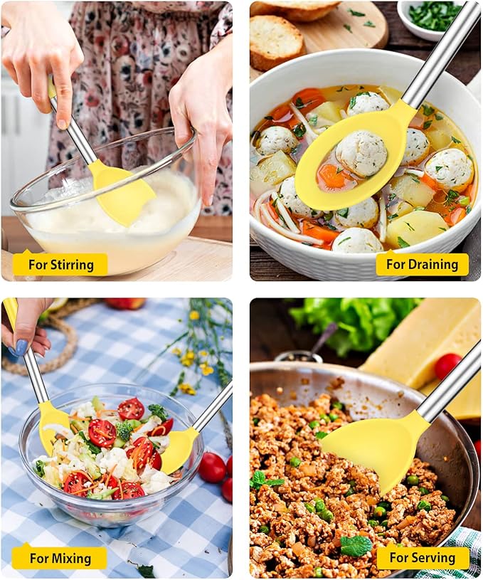 BUNDLEPRO Silicone Cooking Spoons for Non Stick Cookware, 2 Pack, Yellow | Heat Resistant, Large Kitchen Spoons for Mixing, Serving, Draining, Stirring