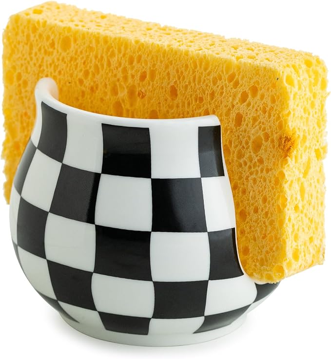 Zoeeker Sponge Holder for Kitchen Sink, Ceramic Checkered Sponge Organizer | Scrubby Caddy Kitchen Organizer Dish Brush Holder Cute Kitchen Gadgets Accessories, Farmhouse Kitchen Decor, Black and White