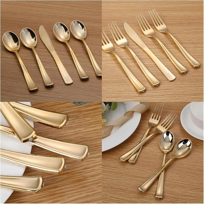 WDF300 Pieces Gold Plastic Silverware - Heavy Duty Disposable Cutlery Set Plastic Gold Silverware Set Includes 100 Forks, 100 Spoons, 100 Knives for Party/Baby Shower/Wedding/Birthday