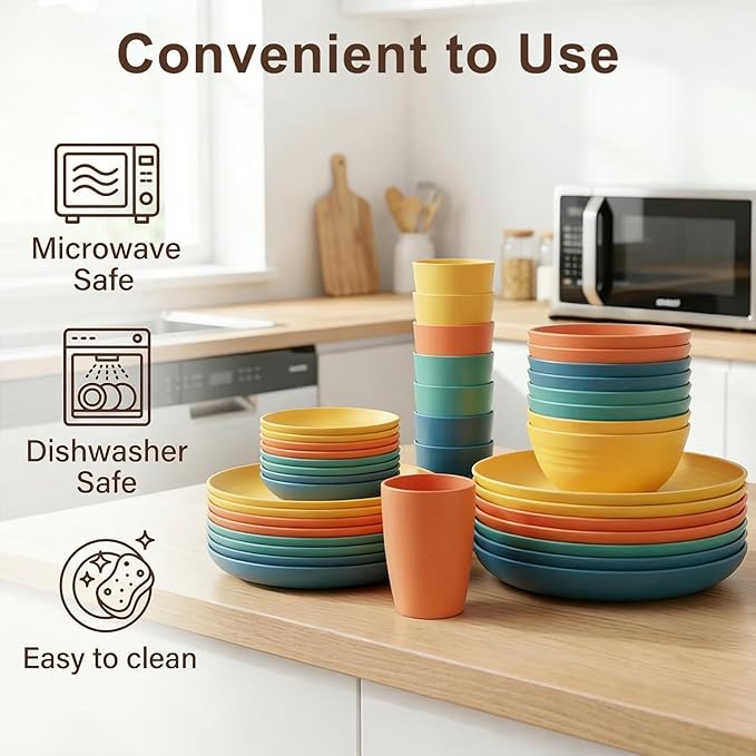 Wheat Straw Dinnerware Sets 40 Piece, Kitchen Plates and Bowls Set, Unbreakable Dishes Set for 8, Microwave and Dishwahser Safe Dishware Sets for Home, Camping, RV, Party - Multi