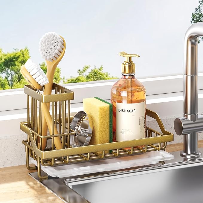 Consumest Sponge Holder for Kitchen Sink - Sink Caddy with Dish Brush Holder, Stainless Steel Kitchen Organizer with Drip Tray for Countertop, Darker Gold