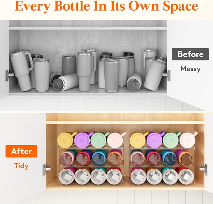 Lifewit Stackable Bottle Storage Organizer, Clear Freestanding Wine Holder for Cabinet, Large Slot Water Bottle Tumbler Cup Organizer for Pantry, Plastic Wine Rack for Fridge Cellar, 3Tier Hold 12