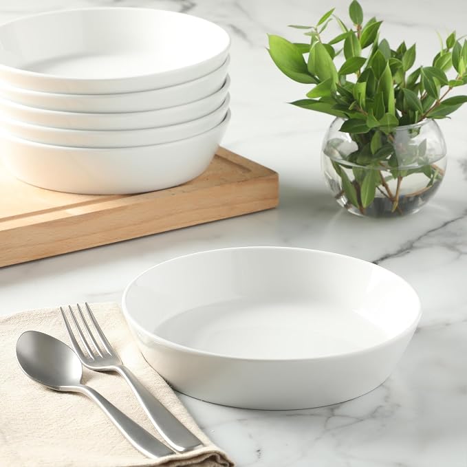 Martha Stewart Selma Pasta Bowls Set of 6, 43oz White Porcelain Soup Bowls & Salad Bowl, Wide and Shallow, Chip Resistant, Dishwasher & Microwave Safe