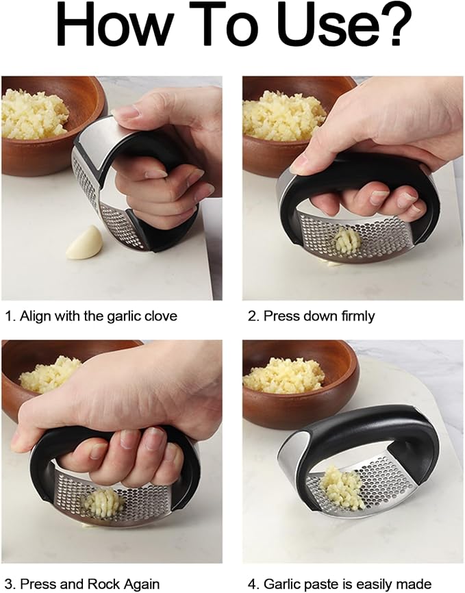 Garlic Crusher Tool Stainless Steel, Rocking Garlic Press for Kitchen | Garlic press stainless steel tool, ergonomic rocker design, crushes and minces garlic cloves, kitchen cooking helper