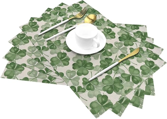 St Patricks Day Placemats Set of 4, Dark Green Clover Shamrock Decorative Table Mat 12 x 18 Inch Heat Resistant Non Slip Line Fabric Place mat for Holiday Party Kitchen Dining Decor