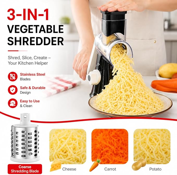 Rotary Cheese Grater with Hand Crank - Cheese Shredder with 3 Interchangeable Stainless Steel Blades, Suction Base & Ergonomic Handle | Vegetable Slicer, Food Grater for Cheese, Nuts & Chocolate