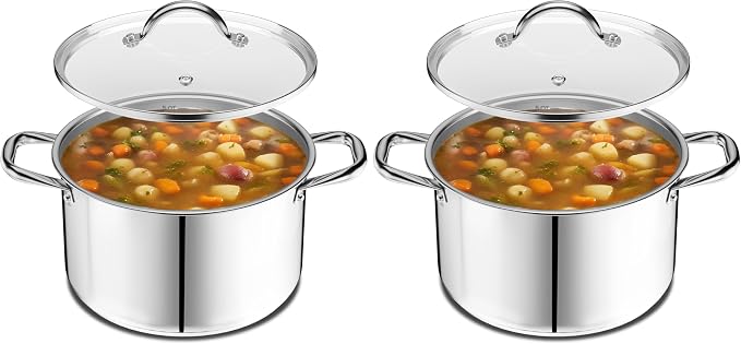 Stainless Steel Stockpot with Tempered Glass Lid 3 Quart,Durable 18/0 Stainless Steel,Impact-Bonded Base for Even Heating,Riveted Handles,Oven&All Stove Compatible,Safe Up To 500°F (260°C) (Pack of 2)