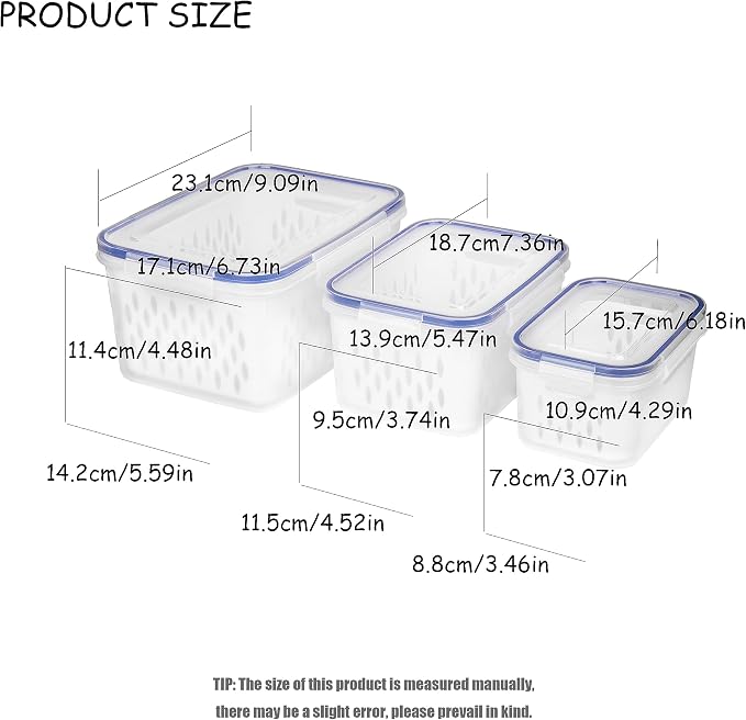 Fruit and Vegetable Storage Containers for Fridge, 6 Pcs/3 Sets Keep Fresh Produce Saver Containers Keeper, Food Storage Containers with Removable Colander (blue)
