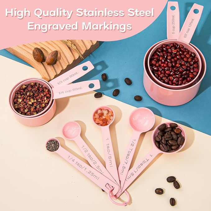 Measuring Cups and Spoons Set of 9, Stainless Steel Measuring cup for Cooking and Baking, Measuring spoons for Dry and Liquid Ingredients (Pink)