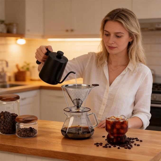 Reusable Stainless Steel Pour Over Coffee Dripper, Paperless V60 Filter | 800 mesh fine layer, 304 food-grade metal, eco budget friendly, fits Chemex & mugs, ideal for home, office & camping, 1-4 cup