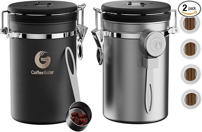 Coffee Gator Coffee Canister, 2Pack 22oz Stainless Steel Container | w/ Date Tracker, Scoop, Valve, Kitchen Food Storage Jars for Beans, Ground, Tea, Sugar, Cookie, Bar Accessories, Gray&Silver