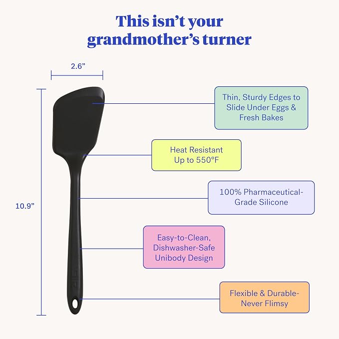 GIR: Get It Right Silicone Kitchen Spatula Turner - Non toxic cooking utensils for Nonstick Cookware, Cooking and Baking, Mini Flip - 11IN - Black