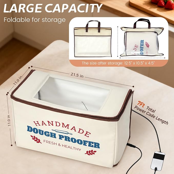 Extra Large Dough Proofing Box50-130°F, 3-Sided Heat 24HTimer | Extra-large foldable proofing box includes 3-sided heat, 50-130°F control, beep alert and storage bag for dough and seedlings