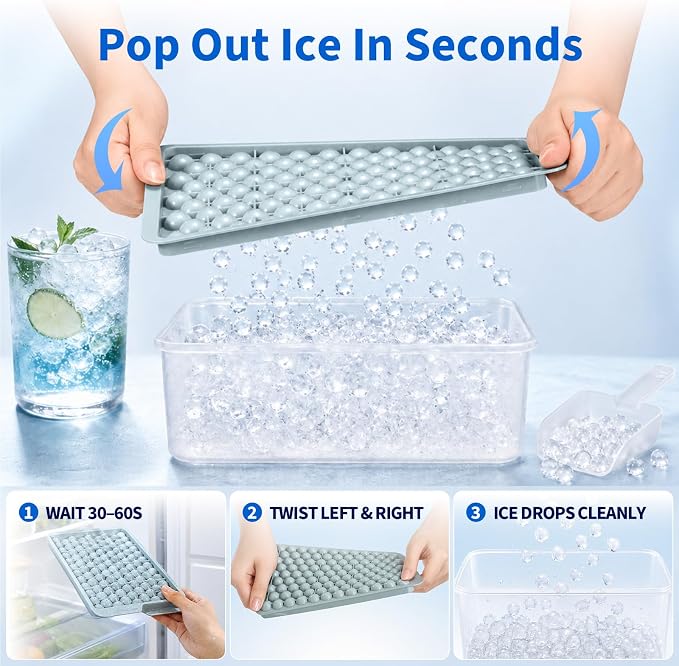 Mini Ice Cube Trays with Lid & Bin, Tiny Pebble Ice Balls for Coffee | Make 416 Mini Ice Balls with 4 Trays, Easy Release, Stackable, Scoop Included, for Iced Coffee, Drinks and Daily Use