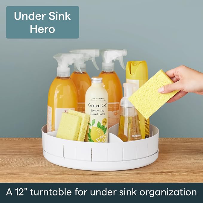 YouCopia SinkSuite Under Sink Turntable with Adjustable Dividers, Lazy Susan Organizer for Kitchen or Bathroom Storage, White