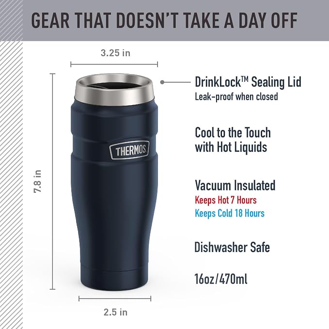 THERMOS Stainless King Stainless Steel Tumbler, 16oz, Midnight Blue | Vacuum-Insulated Coffee Tumbler for Hot & Cold Drinks, For Commuting & Traveling
