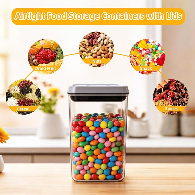 Pop Push Button Airtight Food Storage Containers Baking Set 5 Pcs | BPA-Free Stackable Canisters with Scoops – 3 Sizes for Flour, Sugar, Baking Soda, Cocoa Powder, Pantry & Baking Essentials
