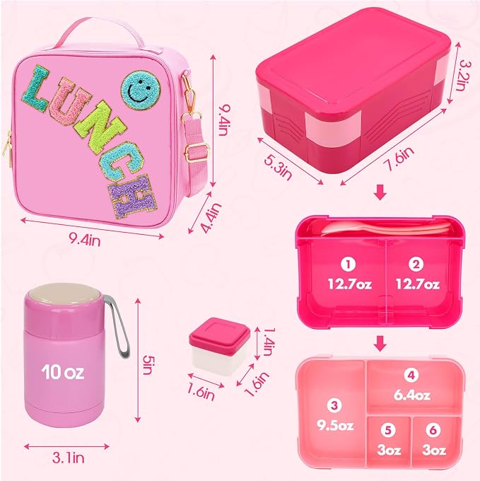 PainZieteg Pink Lunch Box for Girl with 10oz Thermo 6 Compartment Bento Set | Nylon Insulated Lunch Bag with Adjustable Strap, Ideal for Kids and Teens School, Travel and Picnic, Leakproof Thermal Pouch