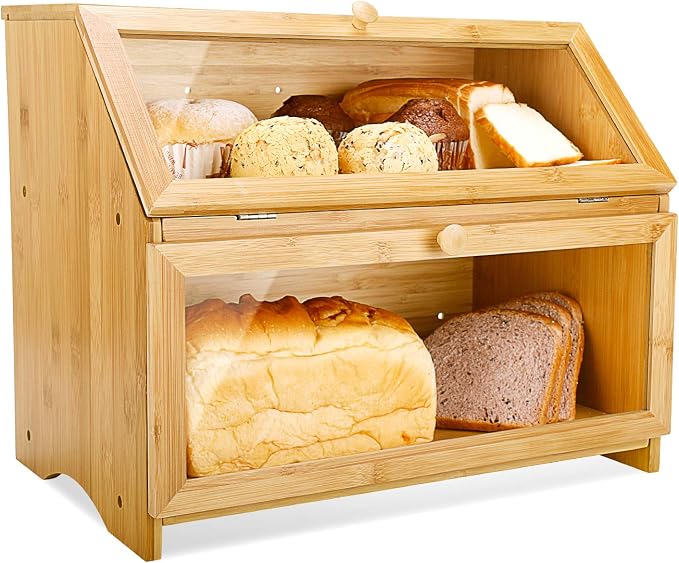 HOMEKOKO Double Layer Bread Box for Kitchen Countertop, Natural Bamboo | Keeps Bread Fresh 3-4 Days, Large Capacity Fits 2+ Loaves, Suitable For Home Kitchen Food Storage Use, See-Through Window