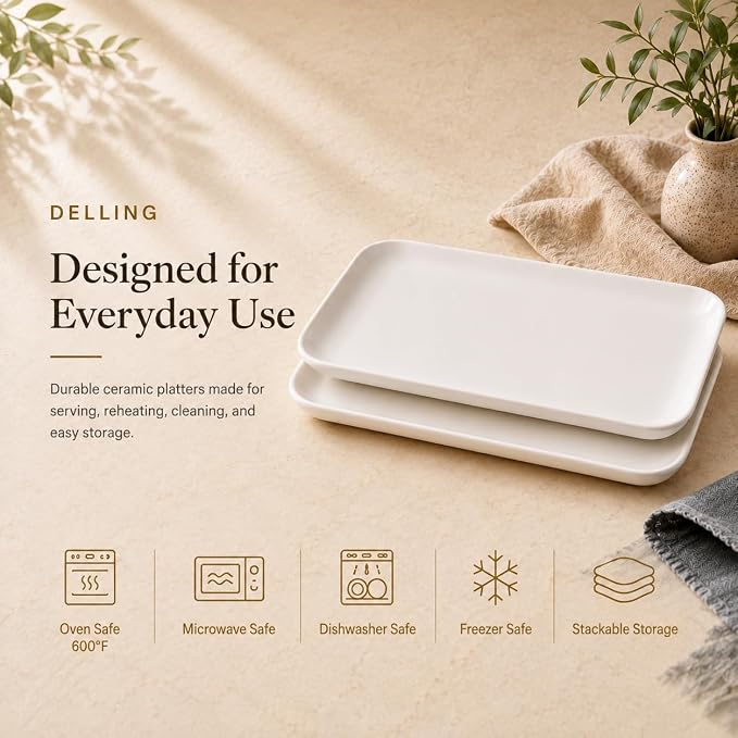 DELLING 18 Inch Large Serving Platter Set of 2, White Porcelain Serving Trays 18" x 12.3", Rectangular Platters for Turkey Fruit Appetizer Party, Oven Microwave Dishwasher Safe, Wedding Entertaining