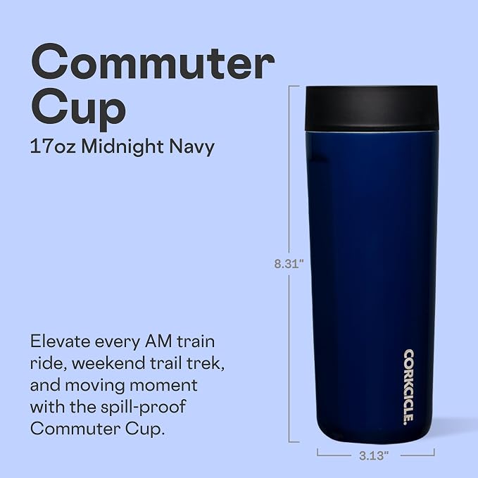 Corkcicle Commuter Cup Travel Mug - Insulated Coffee Mug with Lid - Keeps Drinks Cold 18 Hours - 360° Spill-Proof Sip Lid - Holiday Gift - Great for Gifting Warmth - 17 oz - Midnight Navy