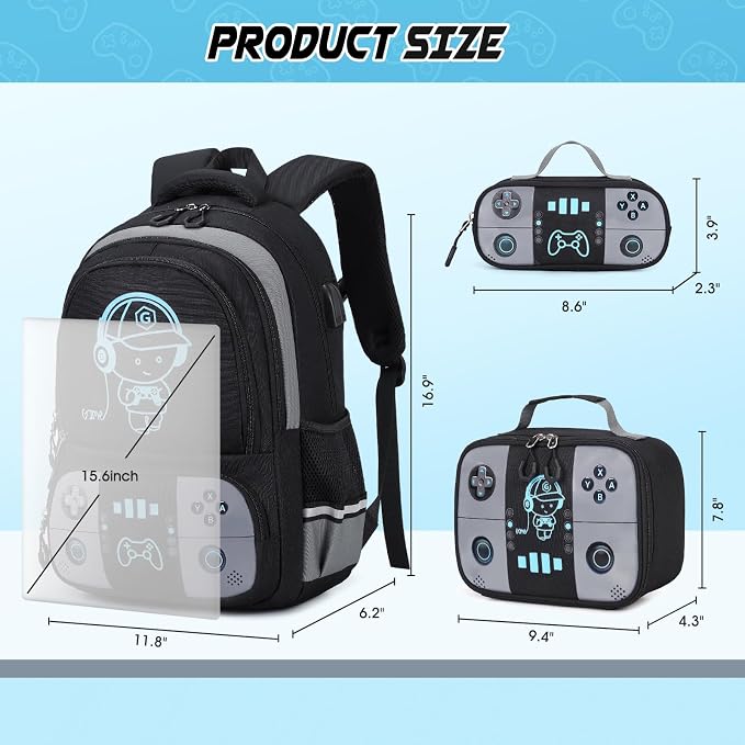 Backpack for School Boys, Cool Luminous Gamer Boys Schoolbag | with Lunch Box & Pencil Case Set for Kids Teens Elementary Middle School, Bookbag Glow In The Dark