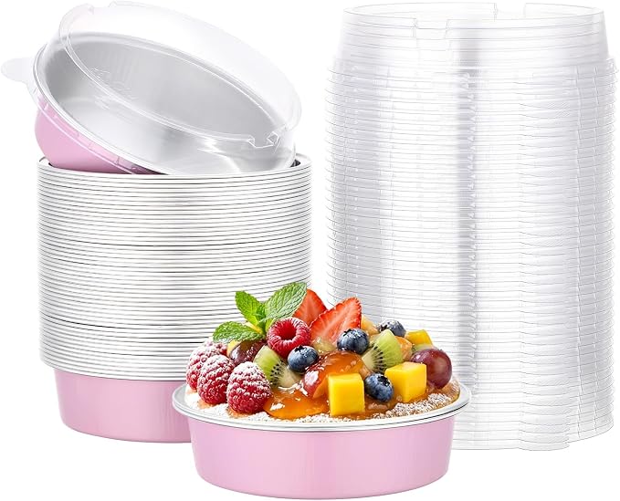Beasea Mini Pie Pans with Lids, 50 Pack 7.3oz Disposable Aluminum Foil Tart Pans, 4 Inch Round Oven Baking Mini Cake Cups Tin for Cheesecake Pie Tart Quiche - Pastel Pink