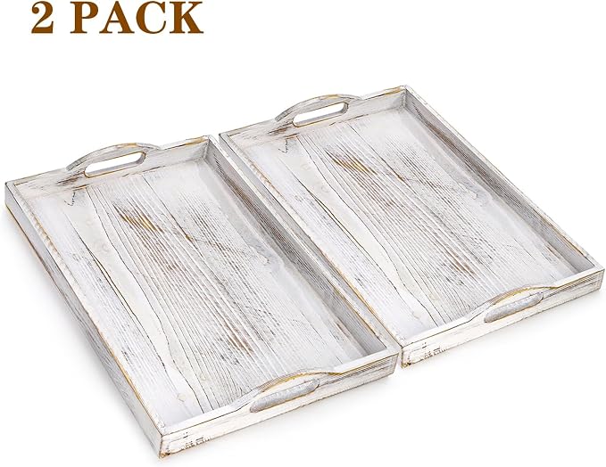 2 Pack Wood Serving Tray, 16.5" Ottoman Wooden Trays for Coffee Table, Farmhouse Vintage Decorative Tray Platter with Cutout Handle for Eating, Breakfast, Rectangle, 16.5" L x 11" W