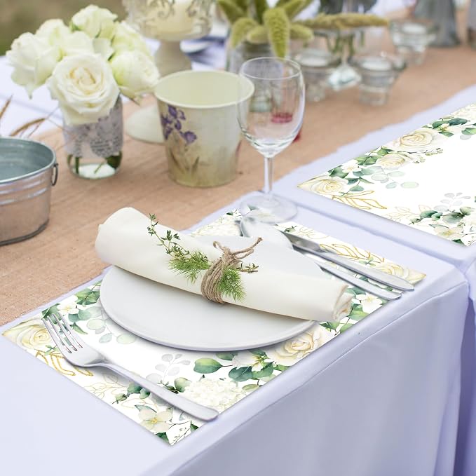 Paper Placemats Disposable 50 Pack Floral Placemat Disposable Place Mats | Spring Summer Decorative Wedding Anniversary Bride Birthday Party Supplies White Rose