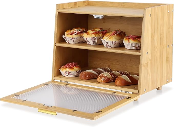 Garvee 2-Tier Bamboo Bread Box for Kitchen Counter, Farmhouse with Window | Clear Window, Strong Magnetic Closure, Compact Footprint, Flat Top, for Kitchen Countertop, Naural & Gold