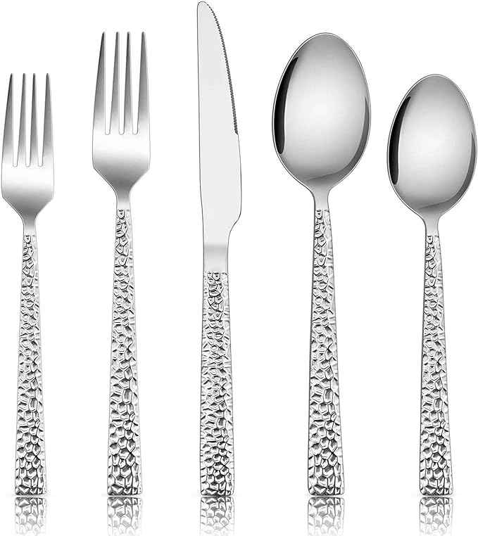 E-far Hammered Silverware Set for 8, 40 Pcs Stainless Steel Flatware Set | Includes Forks/Spoons/Dinner Knives, Cutlery Set for Home, Party, Wedding, Mirror Polished & Dishwasher Safe