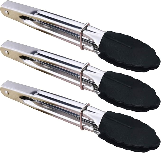 HINMAY Mini Tongs with Silicone Tips 7-Inch Kitchen Tongs, Set of 3 (Black)
