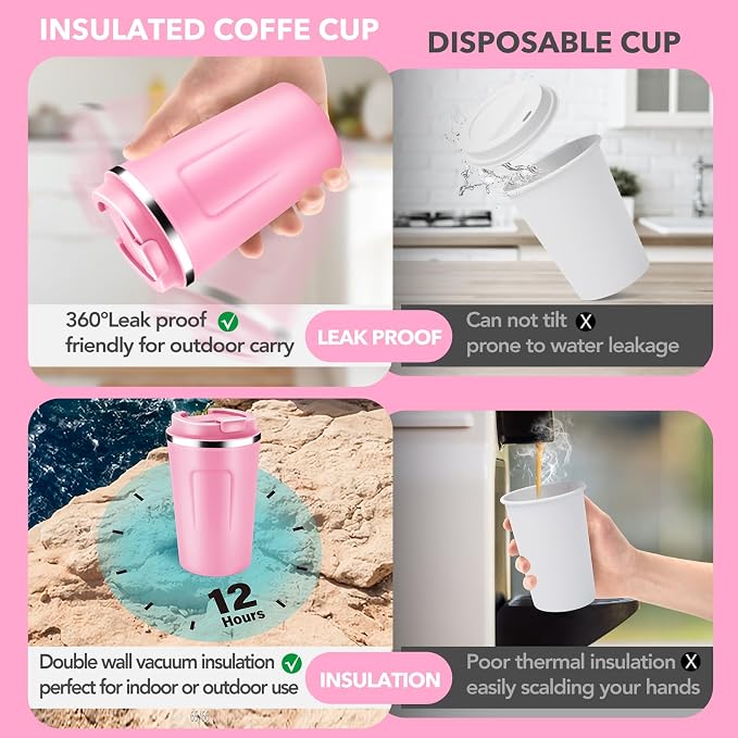 Volhoply 12 oz Double Wall Insulated Vacuum Travel Coffee Mug with Flip Lid Bulk 8 Pack,Reusable Stainless Steel Leak Proof Coffee Cup,Portable Cafe Thermal Tumblers for Hot & Cold Drinks(Pink,8 Set)