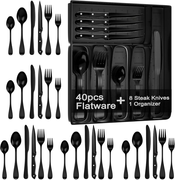 JUNLIN 49 Pieces Black Silverware Set with Steak Knives, Stainless Steel Silverware with Organizer Flatware Utensils Set for 8, Forks and Spoons Silverware Set Cutlery Set