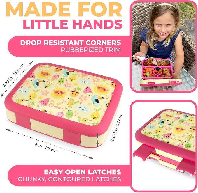 kinsho Kids Bento Lunch Box, Water Bottle, Ice Pack & Bag Set, Summer Set | 5 Leakproof Portion Compartments, BPA-Free Removable Tray, Insulated Meal, Snack Container for Toddlers, Pre-School & Daycare